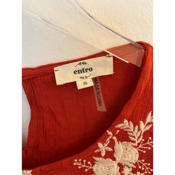 Entro Red-Orange Floral Lace Bib Boho Blouse Size Small - Picture 4 of 6